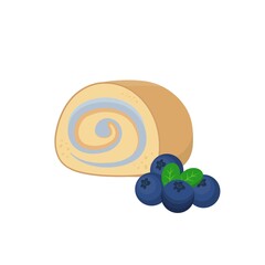 Cake roll with blueberry fruit flavor and cream, high calorie delicious sweet dessert, vector illustration style, isolated on white background