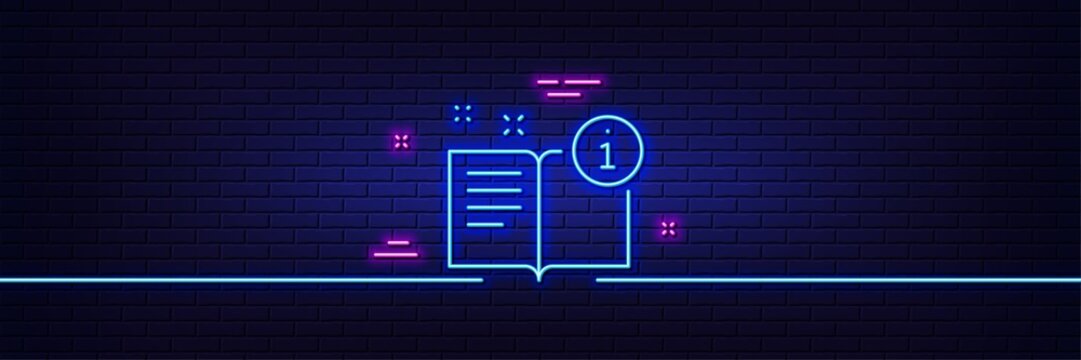 Neon light glow effect. Instruction line icon. User manual sign. Information book symbol. 3d line neon glow icon. Brick wall banner. Manual outline. Vector
