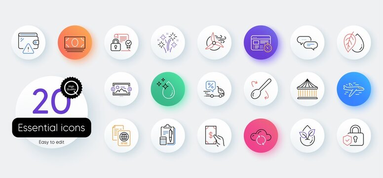Simple set of Delivery discount, Organic product and Windmill turbine line icons. Include Image carousel, Cloud sync, Security contract icons. Airplane, Receive money, Fireworks web elements. Vector