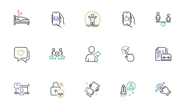 Touchscreen gesture, Vacancy and Startup line icons for website, printing. Collection of Sleep, Online question, Refer friend icons. Heart, Recovered person, Equity web elements. Vector