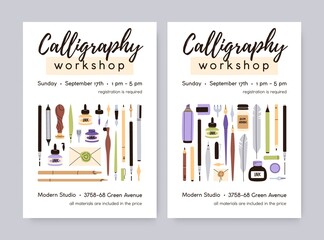 Calligraphy art workshop ad cards templates. Vertical promo backgrounds with lettering craft supplies. Handwriting class promotion flyers designs with tools. Colored flat vector illustration