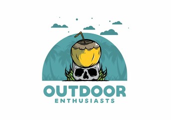 Coconut drink on human skull illustration