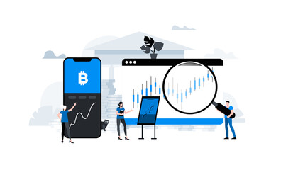 Flat vector illustration. Animation ready duik friendly vector. Conceptual business story. Cryptocurrency exchange, blockchain technology, bitcoin, cryptocurrency mining, digital money market.