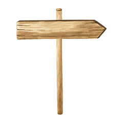 The wooden pointer is painted in watercolor. Wooden signboard for copying space. Textured wood background with watercolor hand-painted.