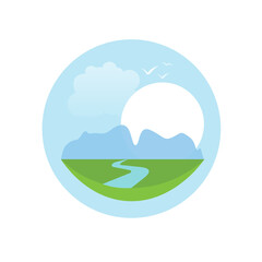 Fototapeta premium River bend logo vector in paradise valley nature or calm peaceful creek mountains landscape in circle logotype modern graphic design, national forest park sign idea green blue color image