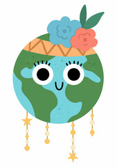 Vector earth for kids. Earth day illustration with cute kawaii smiling planet. Environment friendly icon with globe and flowers on top. Ecological concept.