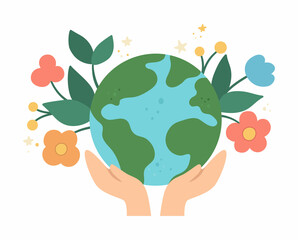 Vector hands holding earth with flowers. Earth day illustration with cute planet. Environment friendly icon with globe. Cute ecological concept.