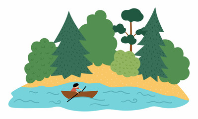 Vector river and forest landscape. Environment friendly concept with trees, lake, boat. Ecological or outdoor camping illustration. Cute earth day scene