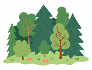 Vector forest landscape. Environment friendly concept with trees, flowers and bushes. Ecological or outdoor camping illustration. Cute earth day scene with plants. - obrazy, fototapety, plakaty