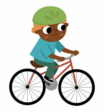 Boy riding a bike in helmet icon. Cute eco friendly kid. Child using alternative transport. Earth day or healthy lifestyle concept.