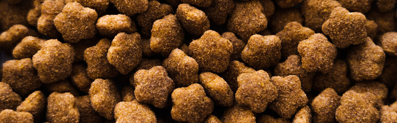 top view of nutritious and tasty pet food as background, banner.