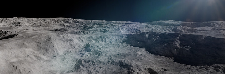 Fototapeta premium Moon surface, crater in lunar landscape, background banner format
