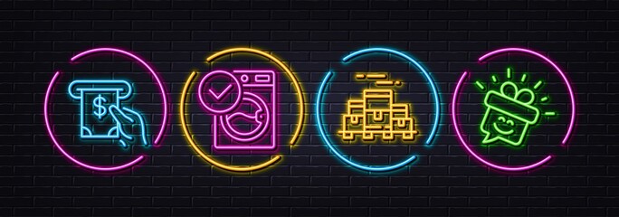 Washing machine, Boxes pallet and Atm service minimal line icons. Neon laser 3d lights. Smile icons. For web, application, printing. Laundry, Warehouse goods, Cash investment. Gift box. Vector