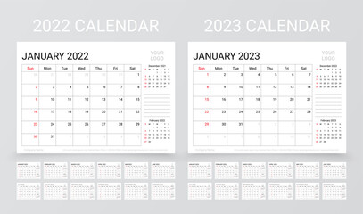 Calendar for 2022 2023 years. Planner calender template. Week starts Sunday. Yearly stationery organizer with 12 month. Table schedule grid. Horizontal monthly diary layout. Vector simple illustration