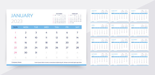 Calendar for 2023 year. Planner calender template. Week starts Sunday. Yearly organizer with 12 month. Table schedule grid. Horizontal monthly diary. Desk timetable layout. Vector simple illustration