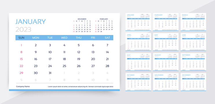 Calendar For 2023 Year. Planner Calender Template. Week Starts Sunday. Yearly Organizer With 12 Month. Table Schedule Grid. Horizontal Monthly Diary. Desk Timetable Layout. Vector Simple Illustration