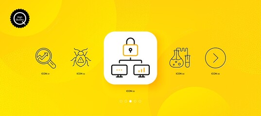 Fototapeta na wymiar Chemistry lab, Lock and Analytics minimal line icons. Yellow abstract background. Software bug, Forward icons. For web, application, printing. Laboratory, Network security, Audit analysis. Vector
