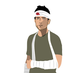 A wounded man with a bandage on his head and his arms, vector illustration