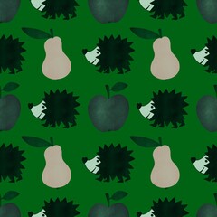 Autumn seamless hedgehog and pears and apples pattern for fabrics and packaging and gifts and kids