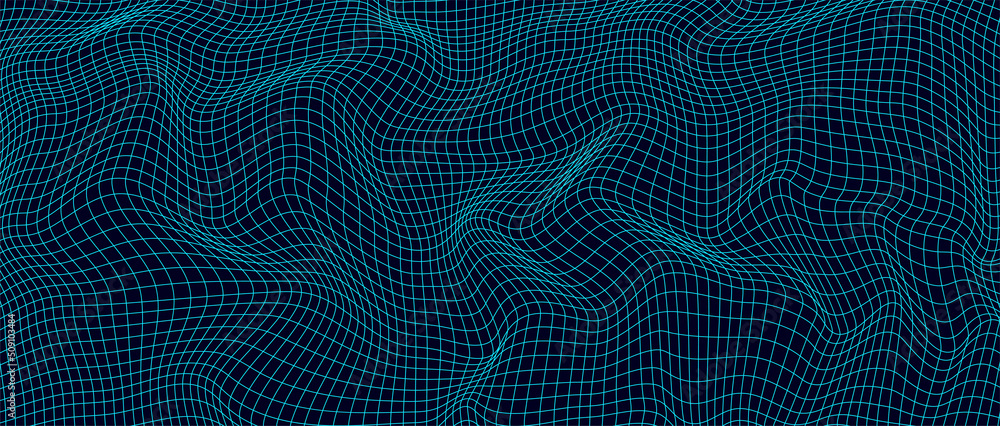 Poster abstract wavy 3d mesh on a blue background. geometric dynamic wave. 3d technology wireframe. vector 
