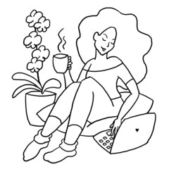 Woman working remote at laptop. Freelance job from home office. Hand drawn illustration. Simple black line drawing.