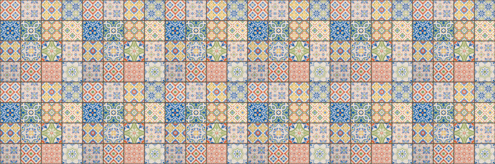 Old colorful seamless flowers leaves vintage geometric shabby mosaic ornate patchwork motif porcelain stoneware tiles, square mosaic stone concrete cement tile mirror wall texture background panorama. - obrazy, fototapety, plakaty