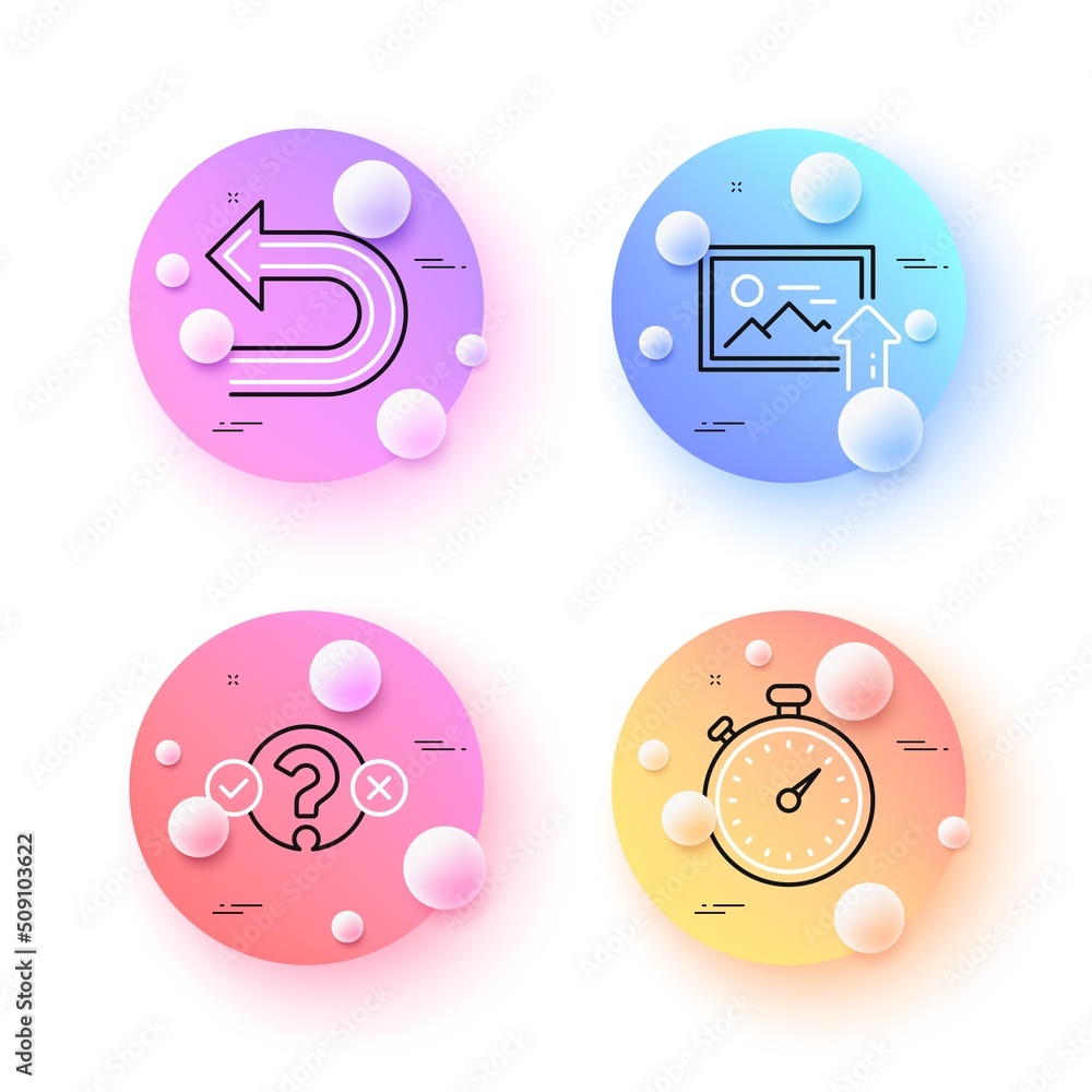 Poster quiz test, timer and upload photo minimal line icons. 3d spheres or balls buttons. undo icons. for w