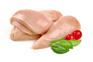 Raw chicken fillets fith green leaves and cherry tomatoes, close up isolated on white background