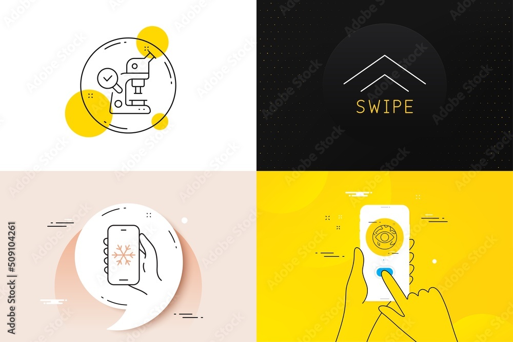 Poster minimal set of microscope, cyber attack and swipe up line icons. phone screen, quote banners. air co