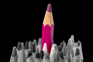 Set of pencils in black and white color on black background. Pink pencil stand out from set. Close up of sharpened multicolored pencils. Concept of Standing out from the crowd, leadership.
