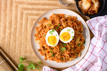 Korean kimchi fried rice with boiled egg, Top view