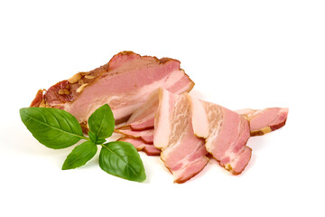 Smoked bacon with basil, isolated on white background