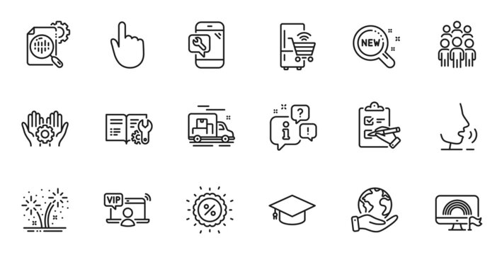 Outline Set Of Employee Hand, Discount And Group People Line Icons For Web Application. Talk, Information, Delivery Truck Outline Icon. Include Checklist, Fireworks, Refrigerator Icons. Vector