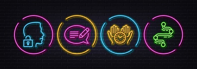 Safe time, Unlock system and Message minimal line icons. Neon laser 3d lights. Timeline icons. For web, application, printing. Hold clock, Access granted, Speech bubble. Journey path. Vector