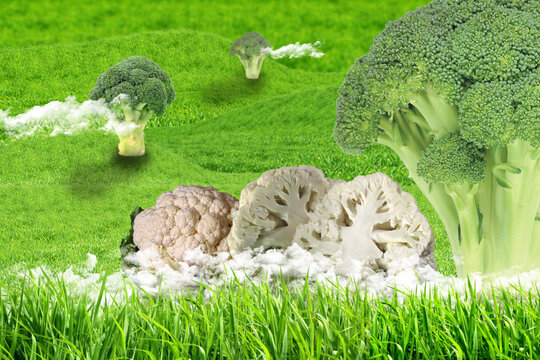 Digital synthesis creative image of Cauliflower and green broccoli with green background