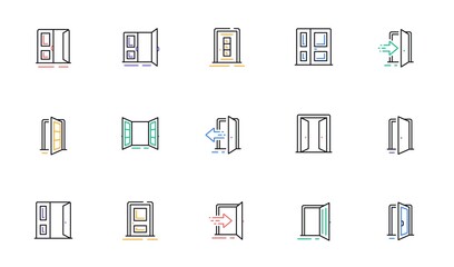 Entrance line icons. Open door, Building entry, Emergency exit. Closed doorway, Doorframe, House entrance outline icons. Door knob, home entry, building access. Interior gate, double door. Vector