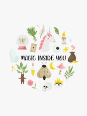 Vector composition with different magic, wizard items, icons, tools