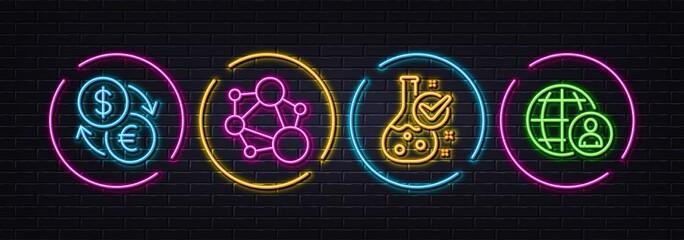 Currency exchange, Chemistry lab and Integrity minimal line icons. Neon laser 3d lights. International recruitment icons. For web, application, printing. Vector