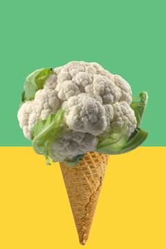 Digital synthesis creative image of Egg cones and green Cauliflower with yellow and green background