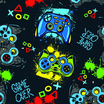Seamless bright pattern with  joysticks. gaming cool print for boys and girls. Suitable for textiles, sportswear, web
