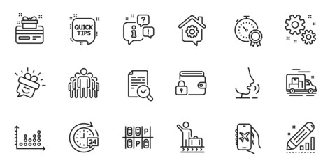 Outline set of Inspect, Quick tips and Smile line icons for web application. Talk, information, delivery truck outline icon. Include Parking place, Luggage belt, 24h delivery icons. Vector