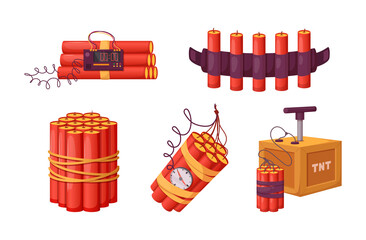 Set of red dynamite sticks and detonator box - obrazy, fototapety, plakaty