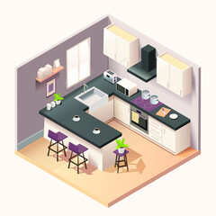 Modern kitchen room interior with furniture and household appliances in isometric style