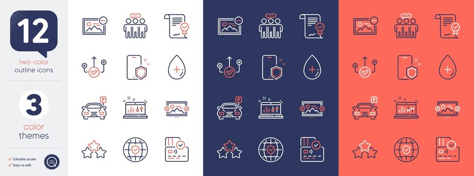 Set of Oil serum, Card and Employees group line icons. Include Image carousel, Parking, Global insurance icons. Correct way, Phone protect, Remove image web elements. Ranking stars. Vector