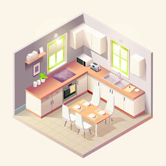 Modern kitchen room interior with furniture and household appliances in isometric style