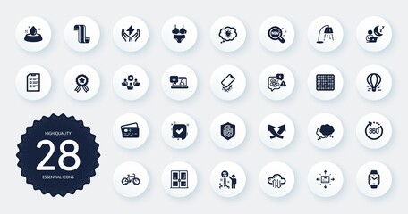 Set of Business icons, such as Cardboard box, Scarf and Water bowl flat icons. 360 degrees, Smartwatch, Speech bubble web elements. Energy, Checklist, Teamwork signs. New products. Vector