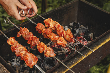 Pork shish kebab cooked on the grill. Pieces of meat marinated in sauce.