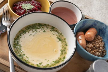 Soup puree in a bowl on the dining table, close-up