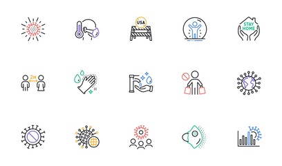 Coronavirus line icons set. Covid-19 virus pandemic. Medical protective mask, washing hands hygiene, usa shut borders. Stay home, safe distance, coronavirus epidemic mask icons. Vector