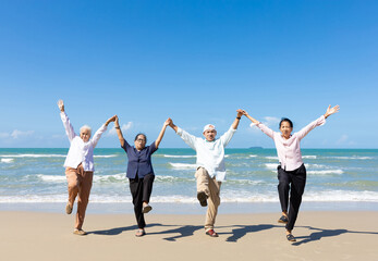 Fototapeta na wymiar portrait group of seniors man and women with arms raised on the beach